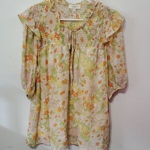 Umgee Orange and Yellow Smocked Bib Collar Blouse